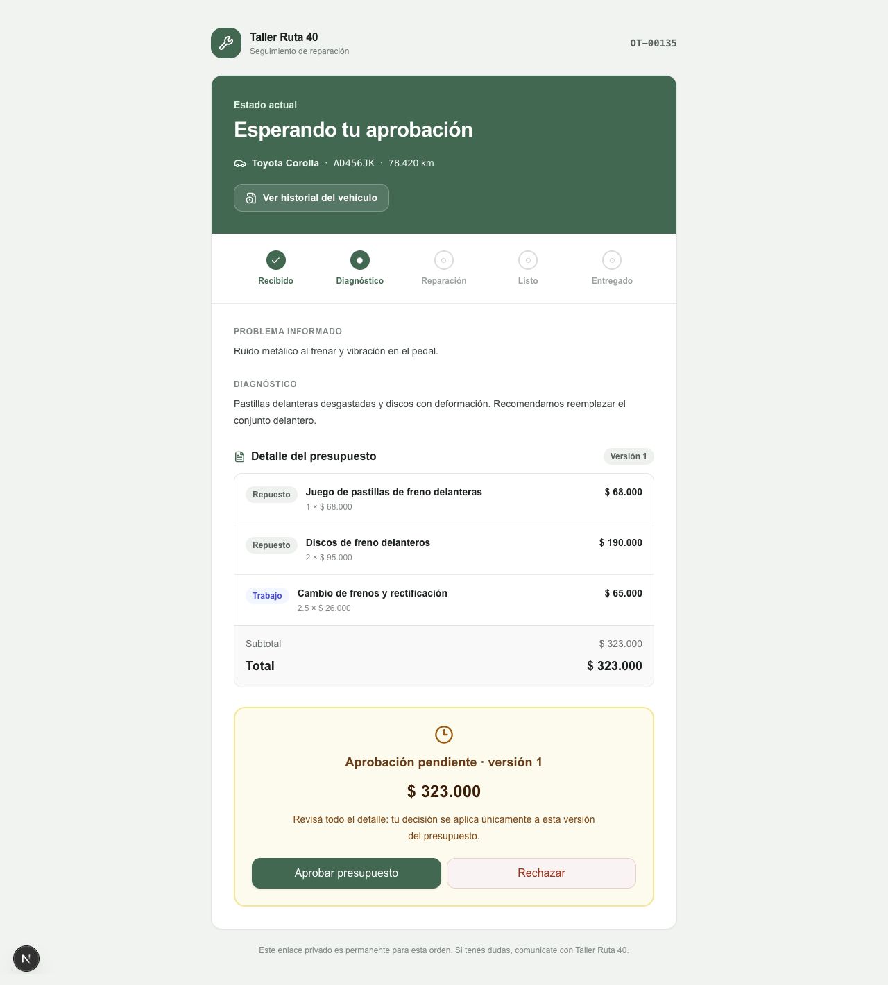 Seguimiento privado de una orden para el cliente