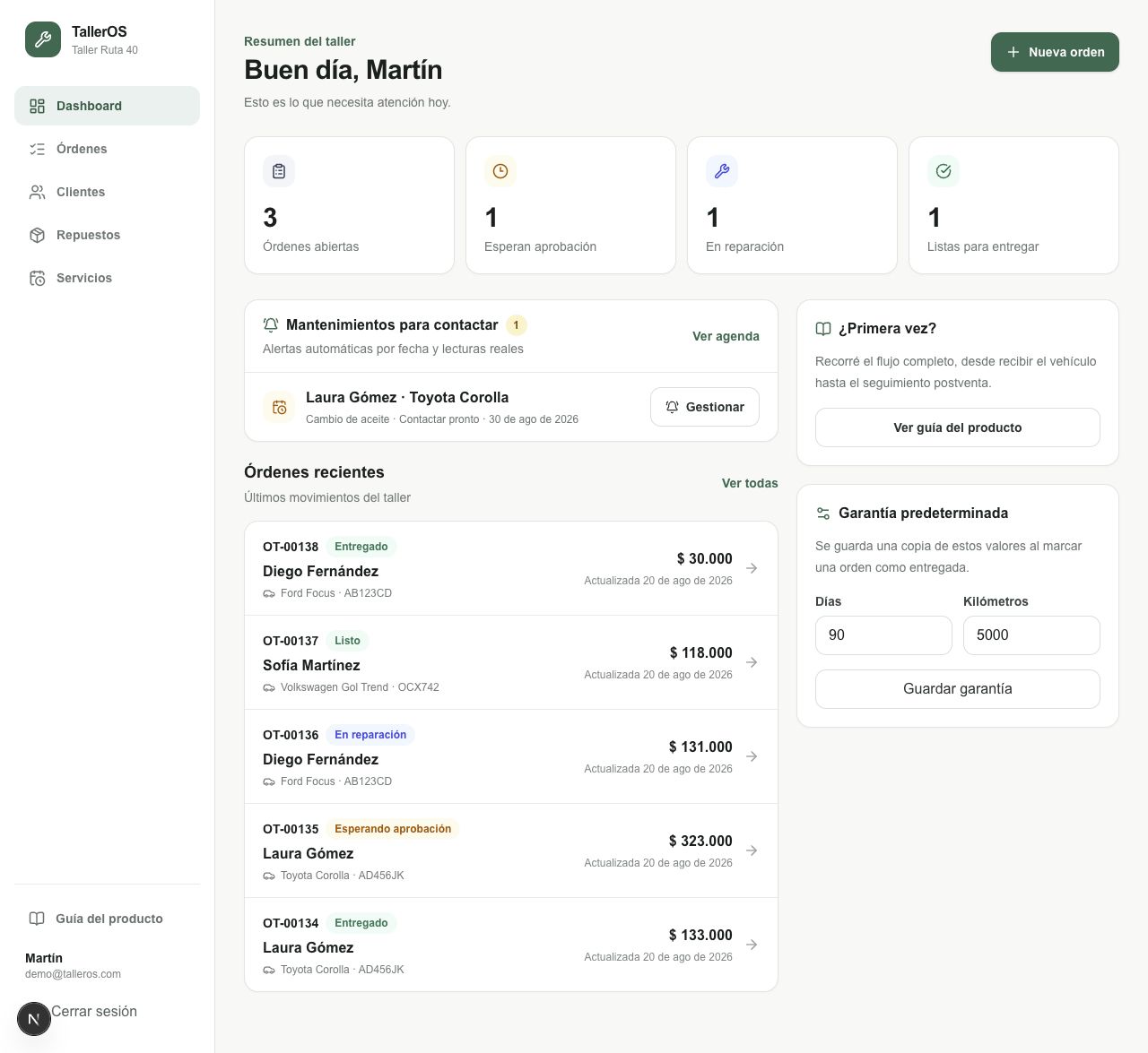 Panel de ALOSPIT con órdenes recientes y mantenimientos para contactar