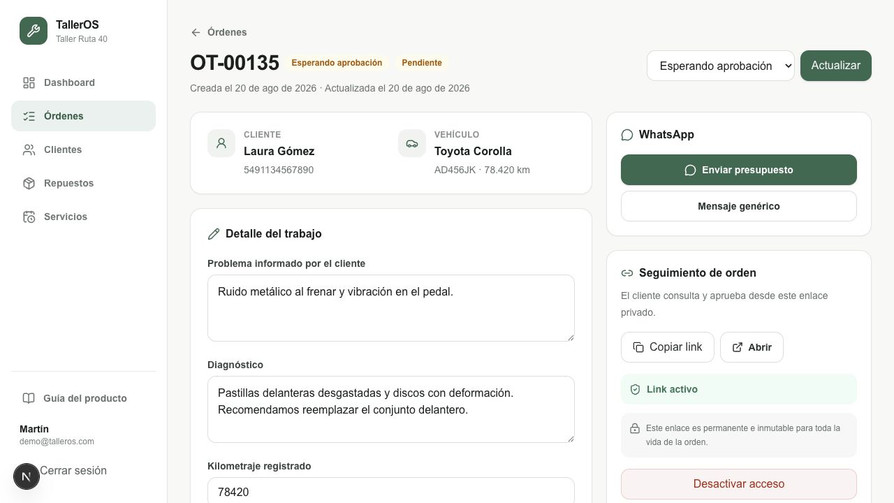 Detalle de una orden de trabajo en ALOSPIT